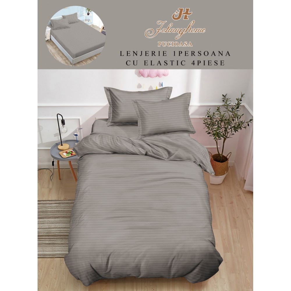 Lenjerie de pat, 1 persoana, tip Damasc, 4 piese, Cearceaf cu Elastic 140x200cm, LD1PM11 LENJERII DIN DAMASC 4 PIESE 1 PERSOANA