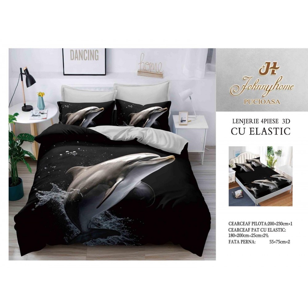 Lenjerie De Pat 3D – 4 piese din Bumbac Satinat , Cearceaf de pat 240 x 250cm, 3D3 LENJERII 3D