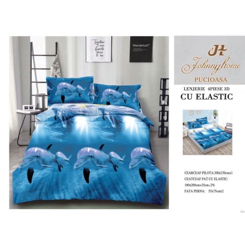 Lenjerie De Pat 3D – 4 piese din Bumbac Satinat , Cearceaf de pat 240 x 250cm, 3D4