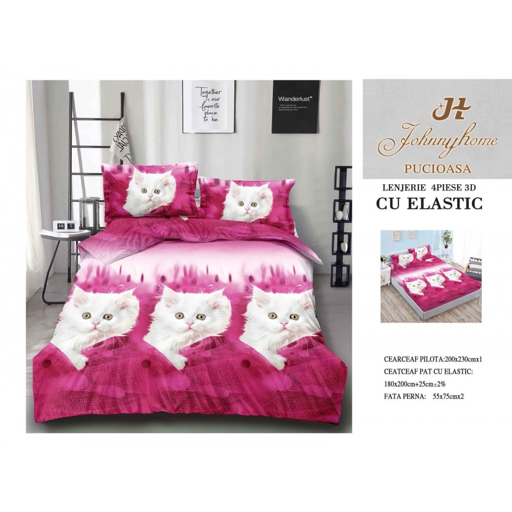 Lenjerie De Pat 3D – 4 piese din Bumbac Satinat , Cearceaf de pat 240 x 250cm, 3D7 LENJERII 3D