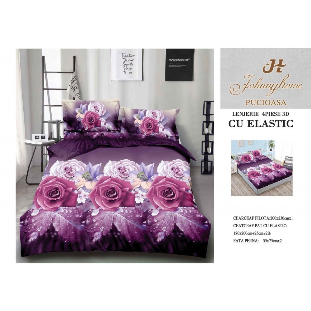 Lenjerie De Pat 3D – 4 piese din Bumbac Satinat , Cearceaf de pat 240 x 250cm, 3D9 LENJERII 3D