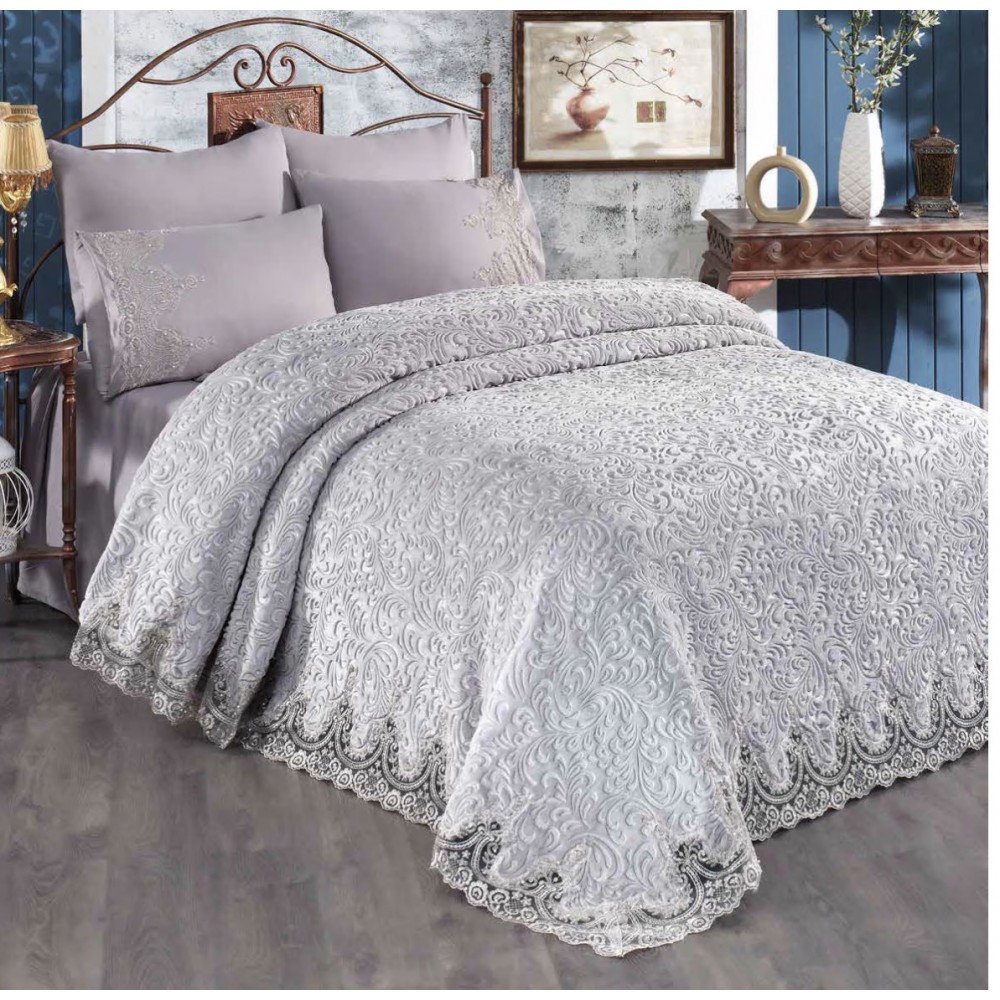 Cuvertura de lux cu broderie eleganta, 6 piese, pat 2 persoane, GRI, CL6PL6 CUVERTURI LUX 6 PIESE  CATIFEA