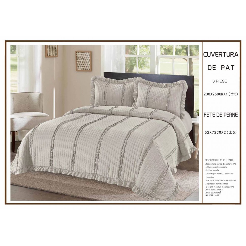 Cuvertură de Pat 3 Piese 230x250 cm – Model Elegant cu Volănașe CPV1