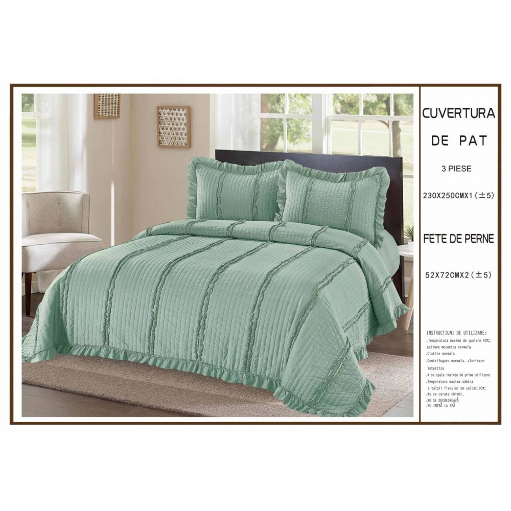 Cuvertură de Pat 3 Piese 230x250 cm – Model Elegant cu Volănașe CPV2 CUVERTURI MATLASATE 3 PIESE CU VOLAN