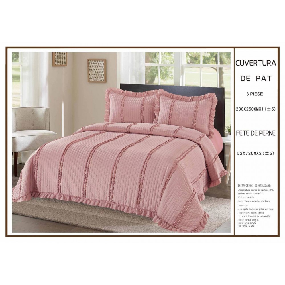 Cuvertură de Pat 3 Piese 230x250 cm – Model Elegant cu Volănașe CPV3 CUVERTURI MATLASATE 3 PIESE CU VOLAN