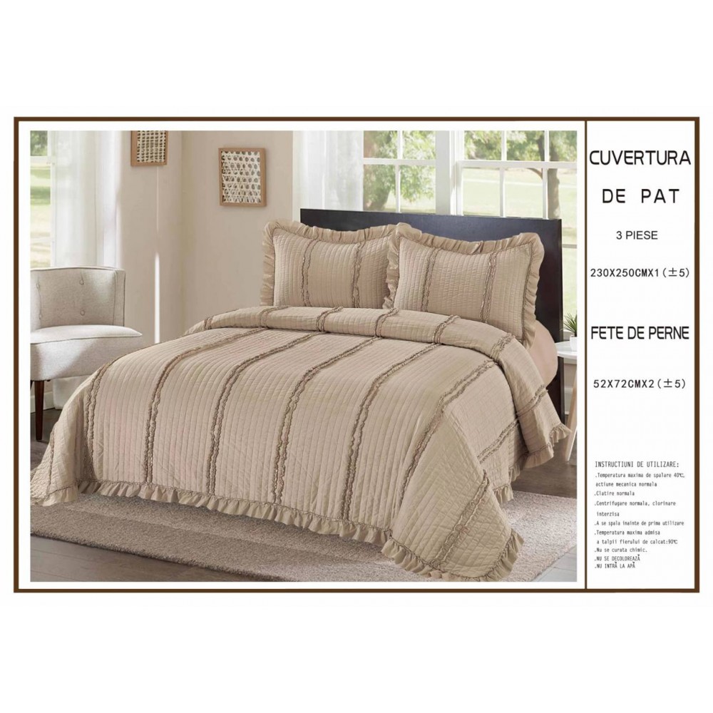Cuvertură de Pat 3 Piese 230x250 cm – Model Elegant cu Volănașe CPV4 CUVERTURI MATLASATE 3 PIESE CU VOLAN