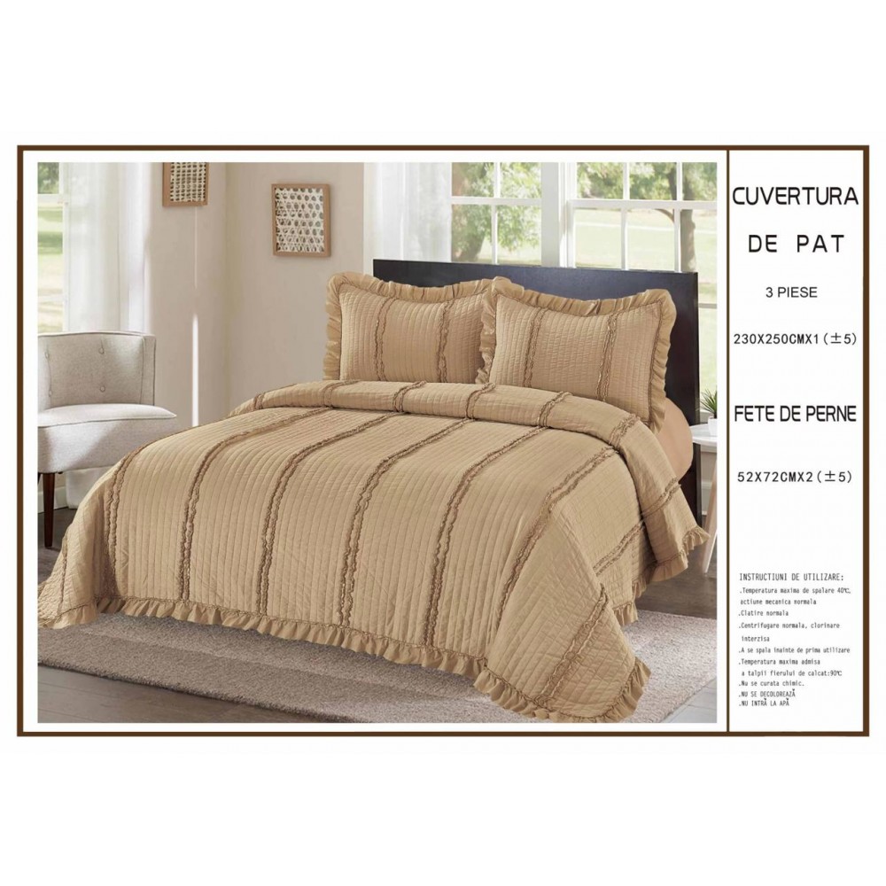 Cuvertură de Pat 3 Piese 230x250 cm – Model Elegant cu Volănașe CPV5 CUVERTURI MATLASATE 3 PIESE CU VOLAN