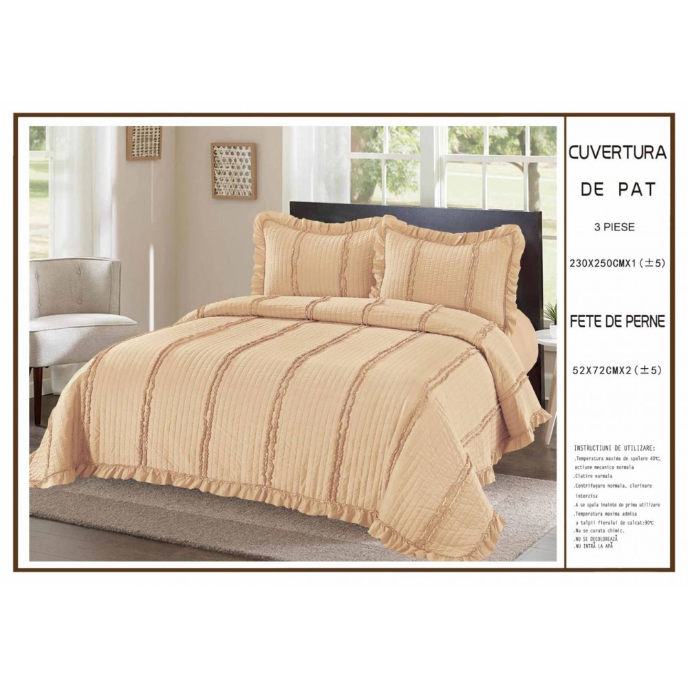 Cuvertură de Pat 3 Piese 230x250 cm – Model Elegant cu Volănașe CPV7 CUVERTURI MATLASATE 3 PIESE CU VOLAN