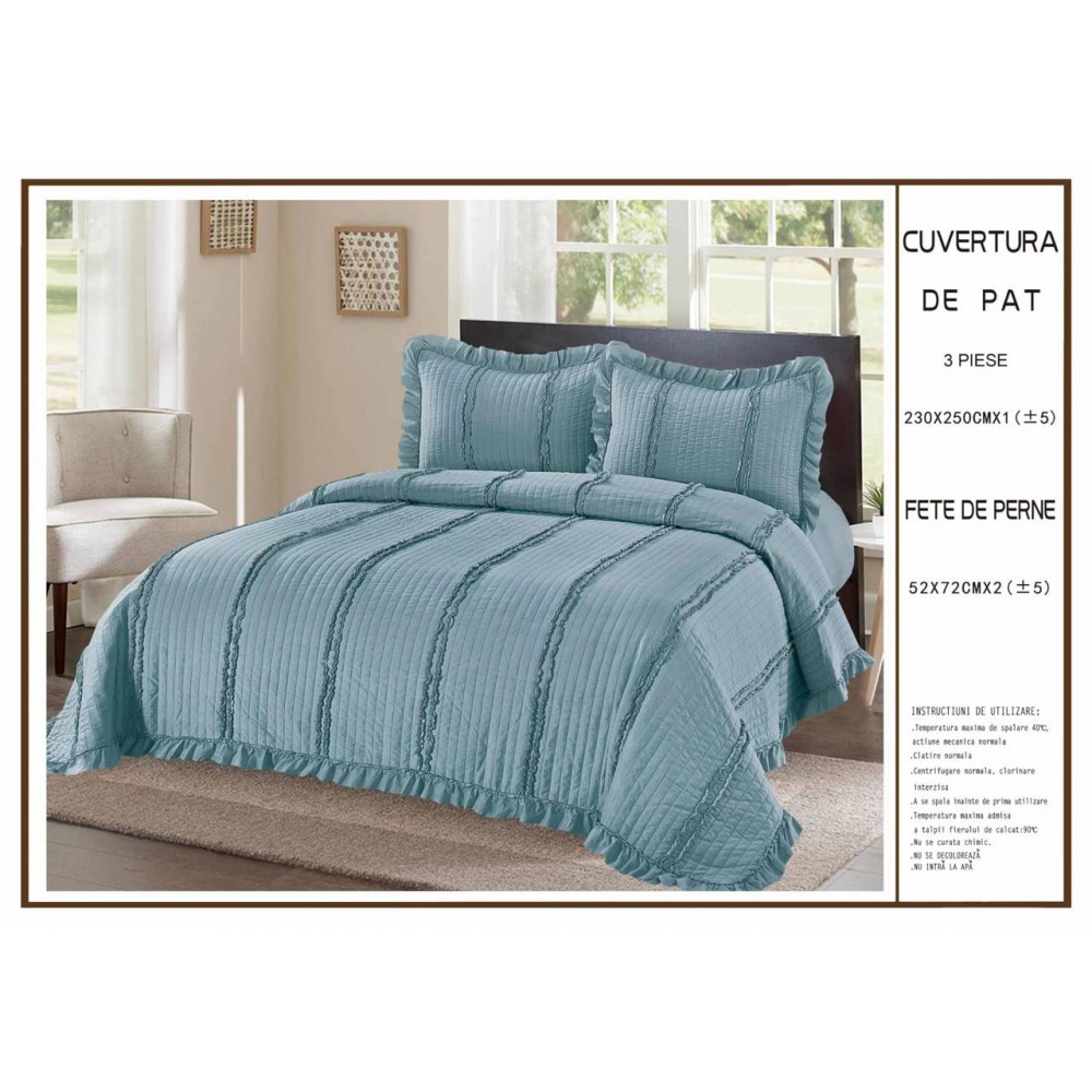 Cuvertură de Pat 3 Piese 230x250 cm – Model Elegant cu Volănașe CPV8 CUVERTURI MATLASATE 3 PIESE CU VOLAN