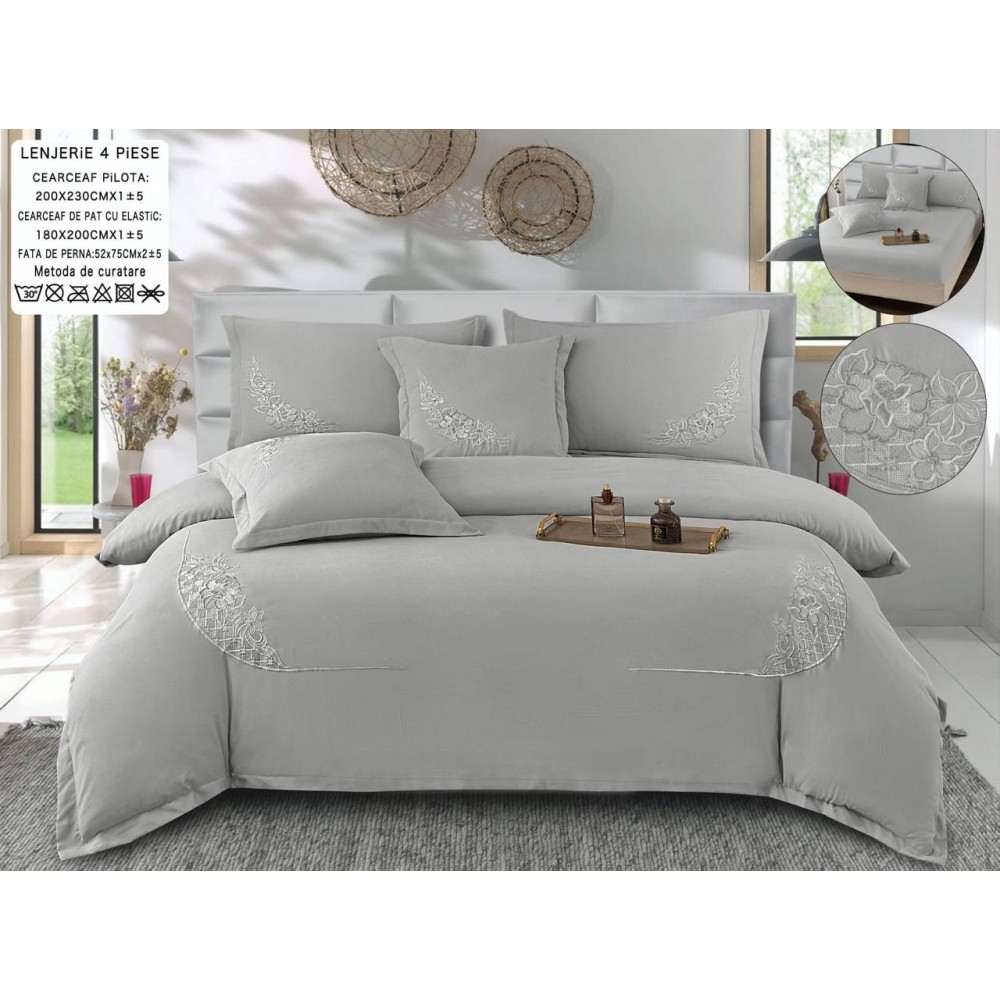 Set Lenjerie , Eleganta de Lux, Bumbac fin cu Broderie, 6 piese, Cearceaf de pat cu elastic 180x200 cm ,cutie cadou LCPE1 Lenjerii din finet 6 piese cu  elastic