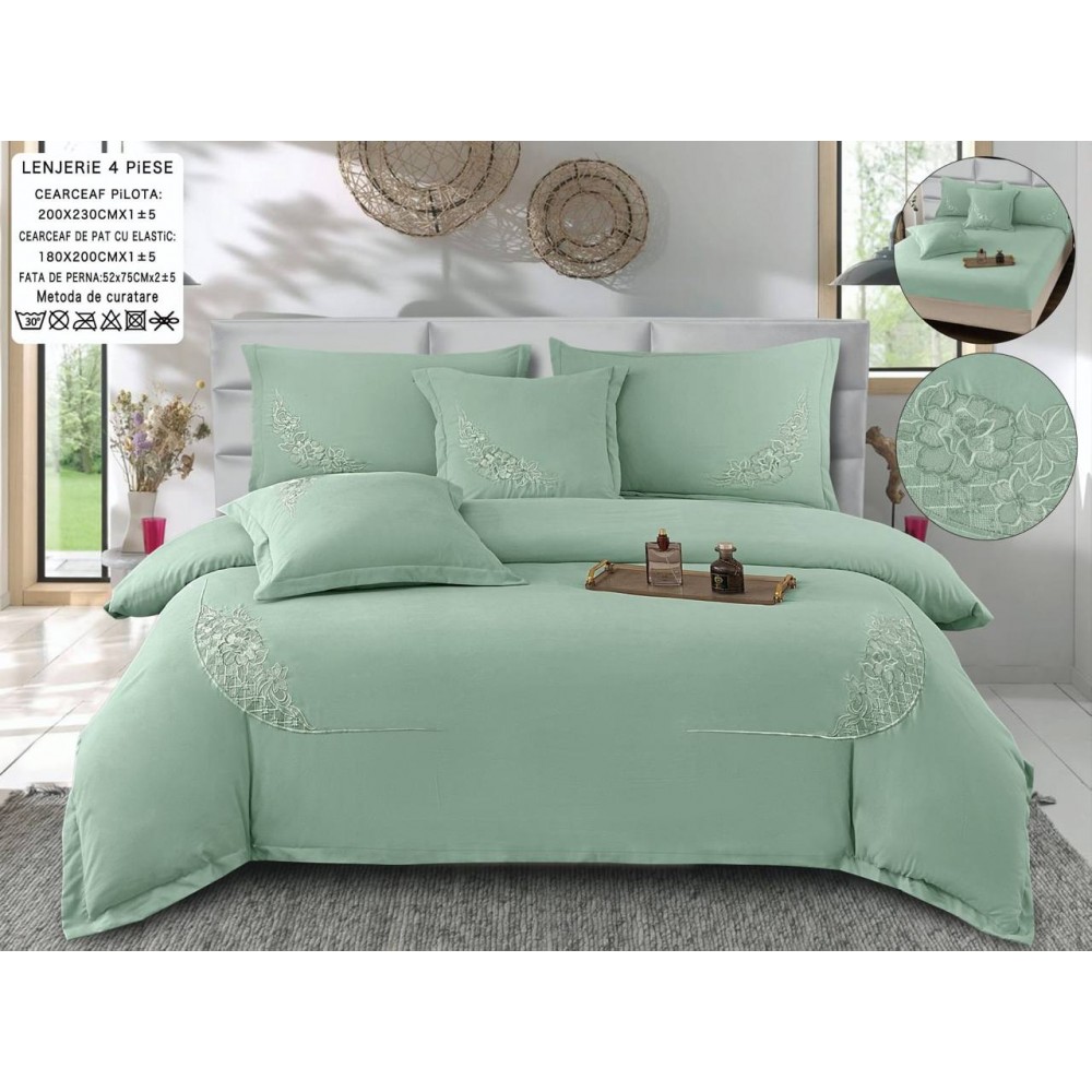 Set Lenjerie , Eleganta de Lux, Bumbac fin cu Broderie, 6 piese, Cearceaf de pat cu elastic 180x200 cm ,cutie cadou LCPE2 Lenjerii din finet 6 piese cu  elastic