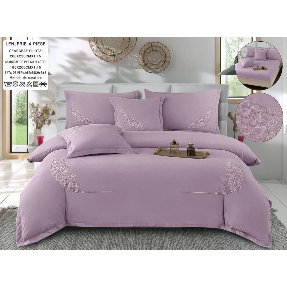 Set Lenjerie , Eleganta de Lux, Bumbac fin cu Broderie, 6 piese, Cearceaf de pat cu elastic 180x200 cm ,cutie cadou LCPE3 Lenjerii din finet 6 piese cu  elastic