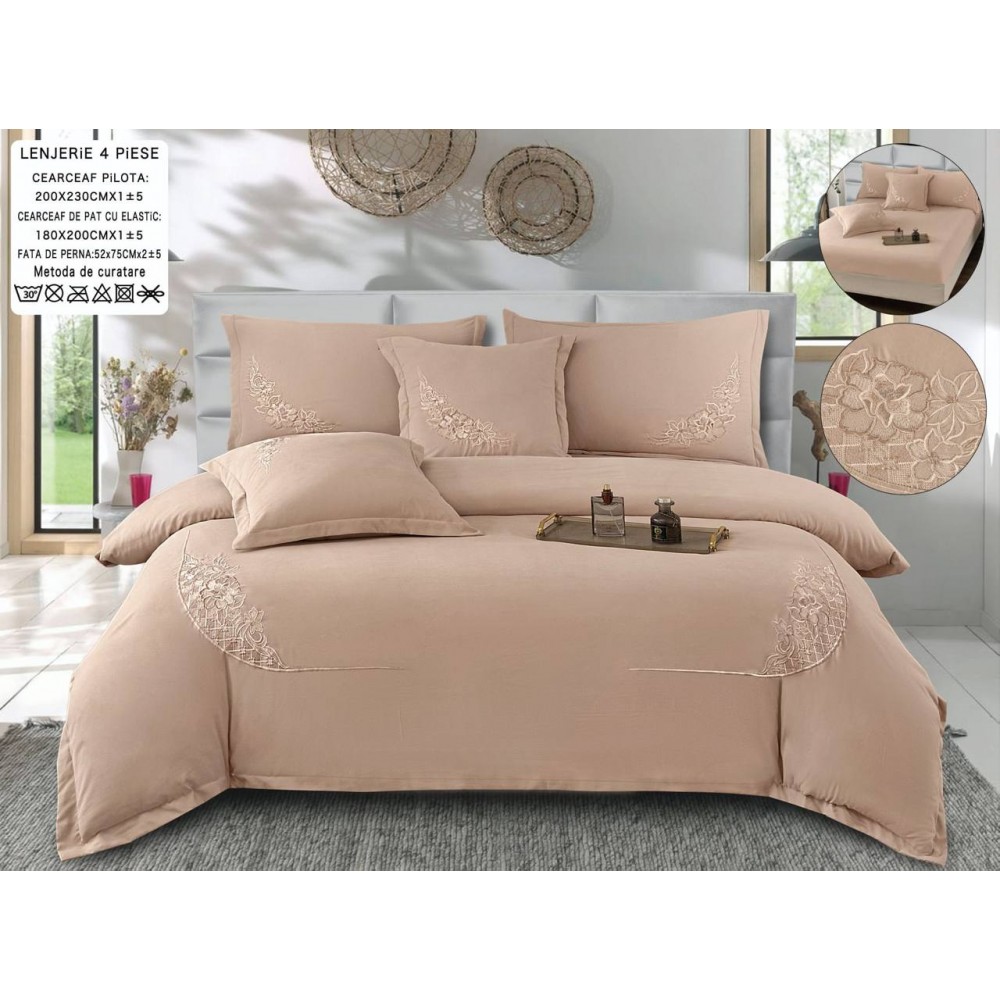 Set Lenjerie , Eleganta de Lux, Bumbac fin cu Broderie, 6 piese, Cearceaf de pat cu elastic 180x200 cm ,cutie cadou LCPE4 Lenjerii din finet 6 piese cu  elastic
