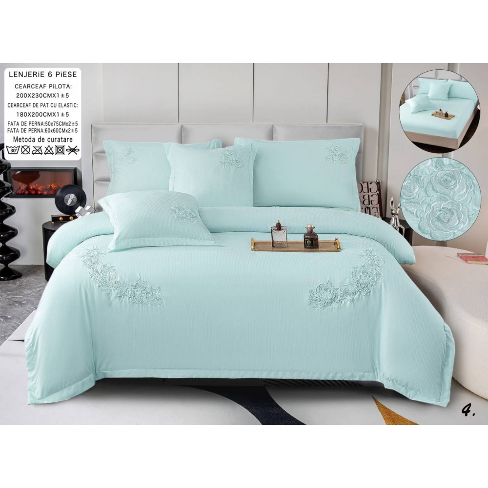Set Lenjerie , Eleganta de Lux, Bumbac fin cu Broderie, 6 piese, Cearceaf de pat cu elastic 180x200 cm ,cutie cadou LCPE5 Lenjerii din finet 6 piese cu  elastic