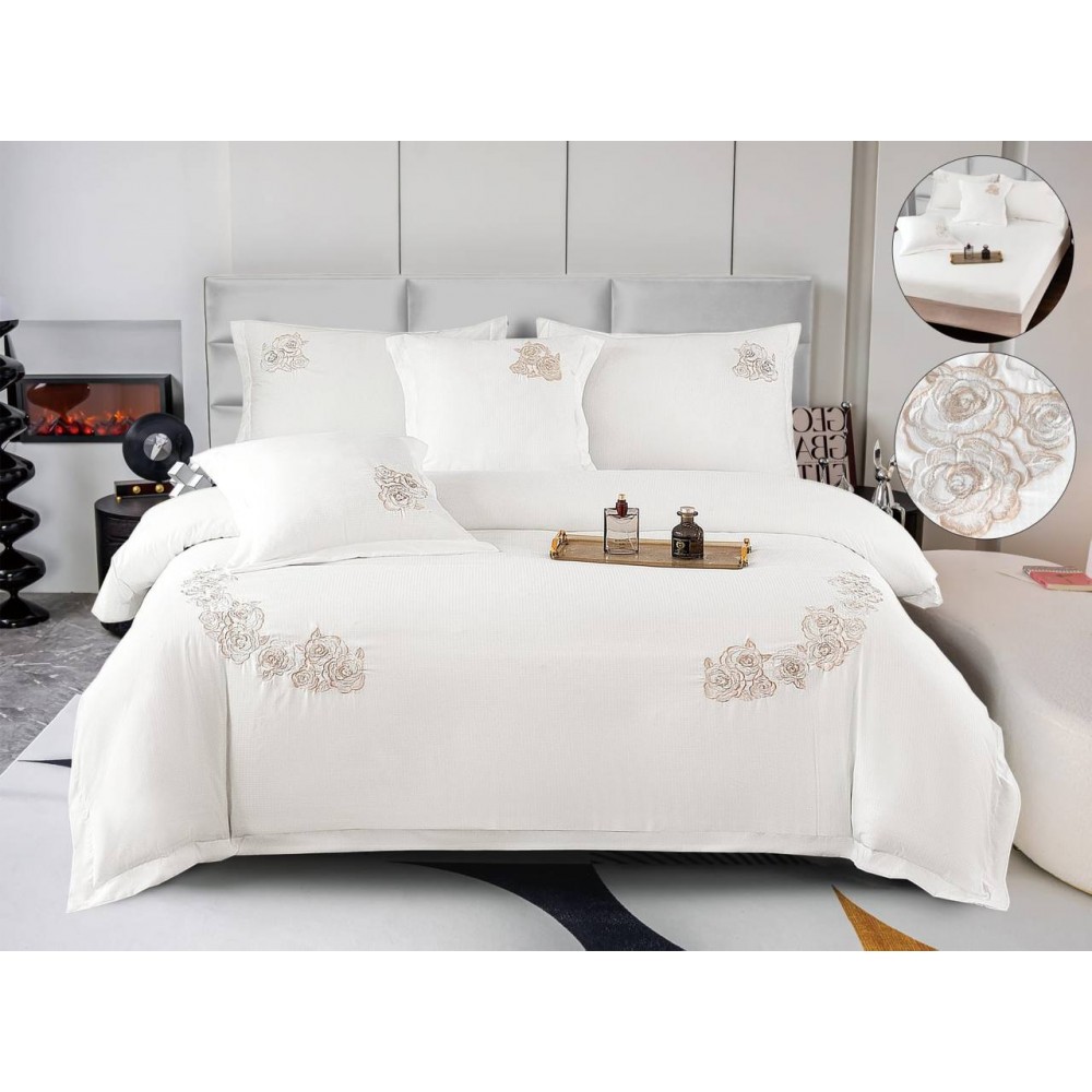 Set Lenjerie , Eleganta de Lux, Bumbac fin cu Broderie, 6 piese, Cearceaf de pat cu elastic 180x200 cm ,cutie cadou LCPE6 Lenjerii din finet 6 piese cu  elastic