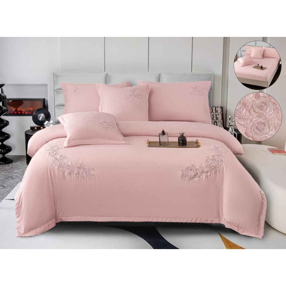 Set Lenjerie , Eleganta de Lux, Bumbac fin cu Broderie, 6 piese, Cearceaf de pat cu elastic 180x200 cm ,cutie cadou LCPE7 Lenjerii din finet 6 piese cu  elastic