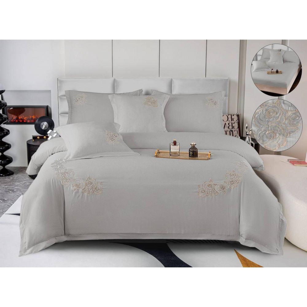 Set Lenjerie , Eleganta de Lux, Bumbac fin cu Broderie, 6 piese, Cearceaf de pat cu elastic 180x200 cm ,cutie cadou LCPE8 Lenjerii din finet 6 piese cu  elastic