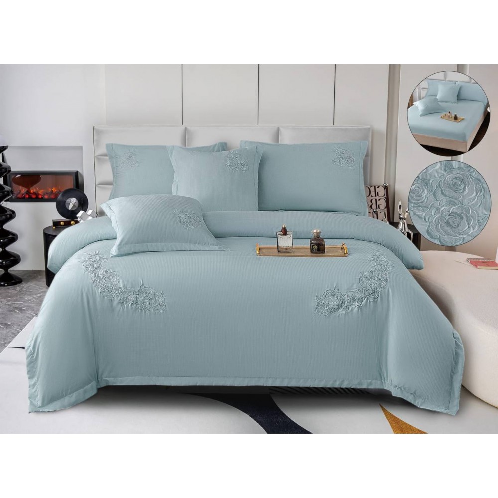 Set Lenjerie , Eleganta de Lux, Bumbac fin cu Broderie, 6 piese, Cearceaf de pat cu elastic 180x200 cm ,cutie cadou LCPE9 Lenjerii din finet 6 piese cu  elastic