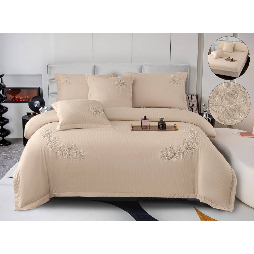 Set Lenjerie , Eleganta de Lux, Bumbac fin cu Broderie, 6 piese, Cearceaf de pat cu elastic 180x200 cm ,cutie cadou LCPE10 Lenjerii din finet 6 piese cu  elastic