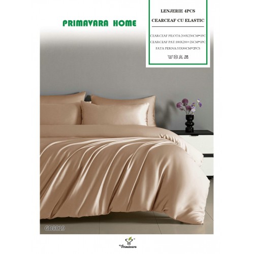 Set Lenjerie Eleganta Satinat , 4 piese cu ELASTIC, Cearceaf de pat cu elastic 180x200cm, GD8019