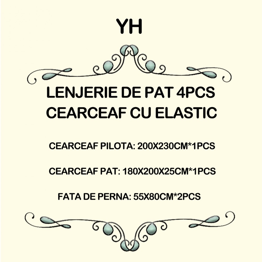 Set Lenjerie Eleganta Satinat , 4 piese cu ELASTIC, Cearceaf de pat cu elastic 180x200cm, YH8015 LENJERII BUMBAC SATINAT CU ELASTIC 4 PIESE