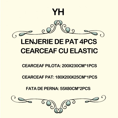 Set Lenjerie Eleganta Satinat , 4 piese cu ELASTIC, Cearceaf de pat cu elastic 180x200cm, YH8016