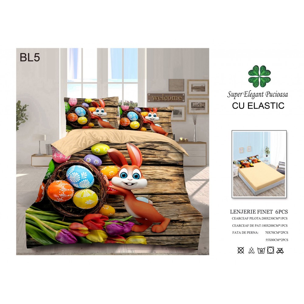 Set Lenjerie Eleganta cu imprimeu de Paște, 6 piese din Finet, Cearceaf de pat 180X200 , Pat 2 Persoane, BL5 LENJERII TEMATICA PASTE
