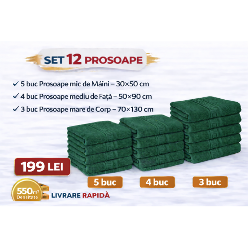 Set 12 Prosoape Maini/Fata/Corp, Bumbac 100%, 550g/m² - VERDE INCHIS PRS1