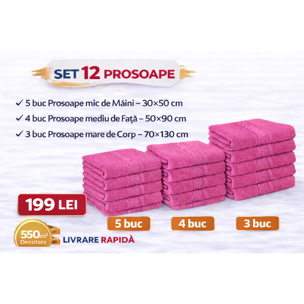 Set 12 Prosoape Maini/Fata/Corp, Bumbac 100%, 550g/m² - ROZ  PRS2 PROSOAPE
