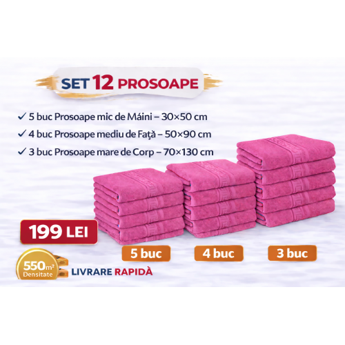 Set 12 Prosoape Maini/Fata/Corp, Bumbac 100%, 550g/m² - ROZ  PRS2