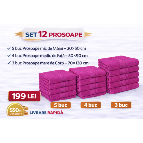 Set 12 Prosoape Maini/Fata/Corp, Bumbac 100%, 550g/m² - FUCSIA PRS3