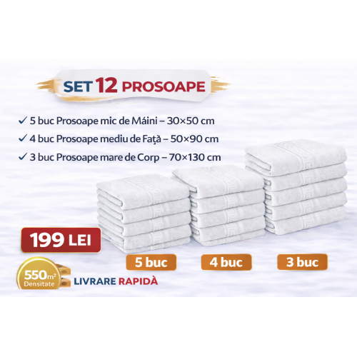 Set 12 Prosoape Maini/Fata/Corp, Bumbac 100%, 550g/m² - ALB PRS4