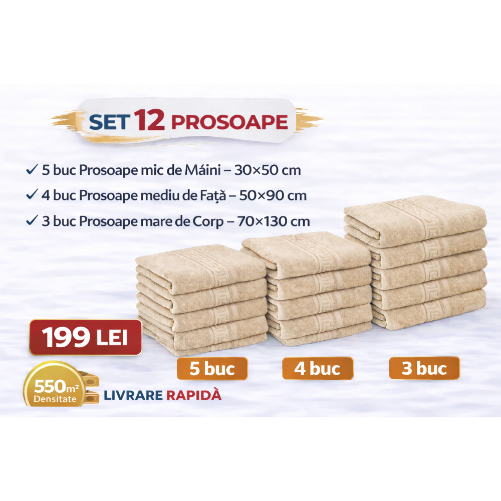 Set 12 Prosoape Maini/Fata/Corp, Bumbac 100%, 550g/m² - BEJ INCHIS PRS5 PROSOAPE