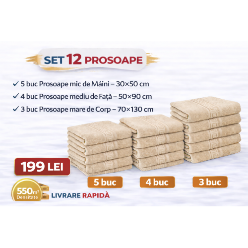 Set 12 Prosoape Maini/Fata/Corp, Bumbac 100%, 550g/m² - BEJ INCHIS PRS5