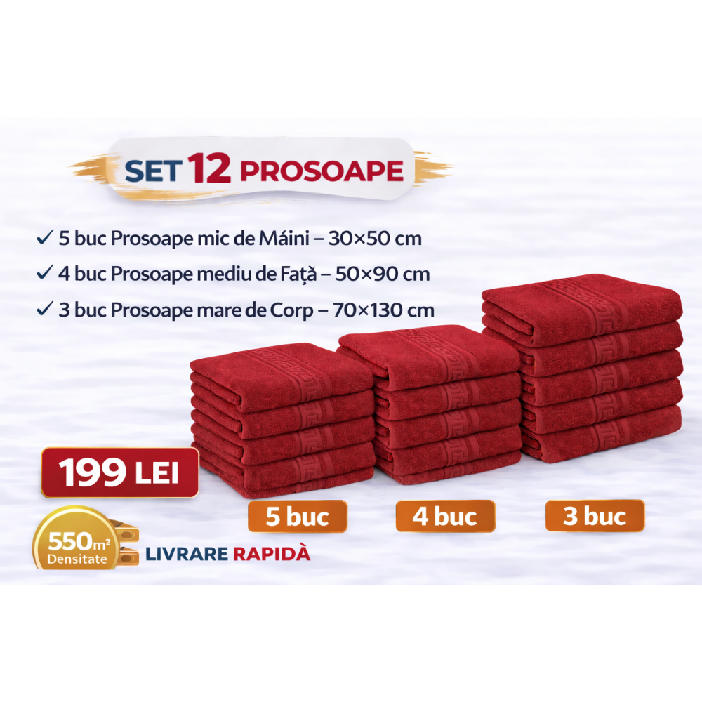Set 12 Prosoape Maini/Fata/Corp, Bumbac 100%, 550g/m² - ROSU PRS6 PROSOAPE