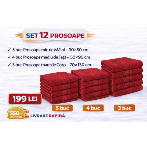 Set 12 Prosoape Maini/Fata/Corp, Bumbac 100%, 550g/m² - ROSU PRS6