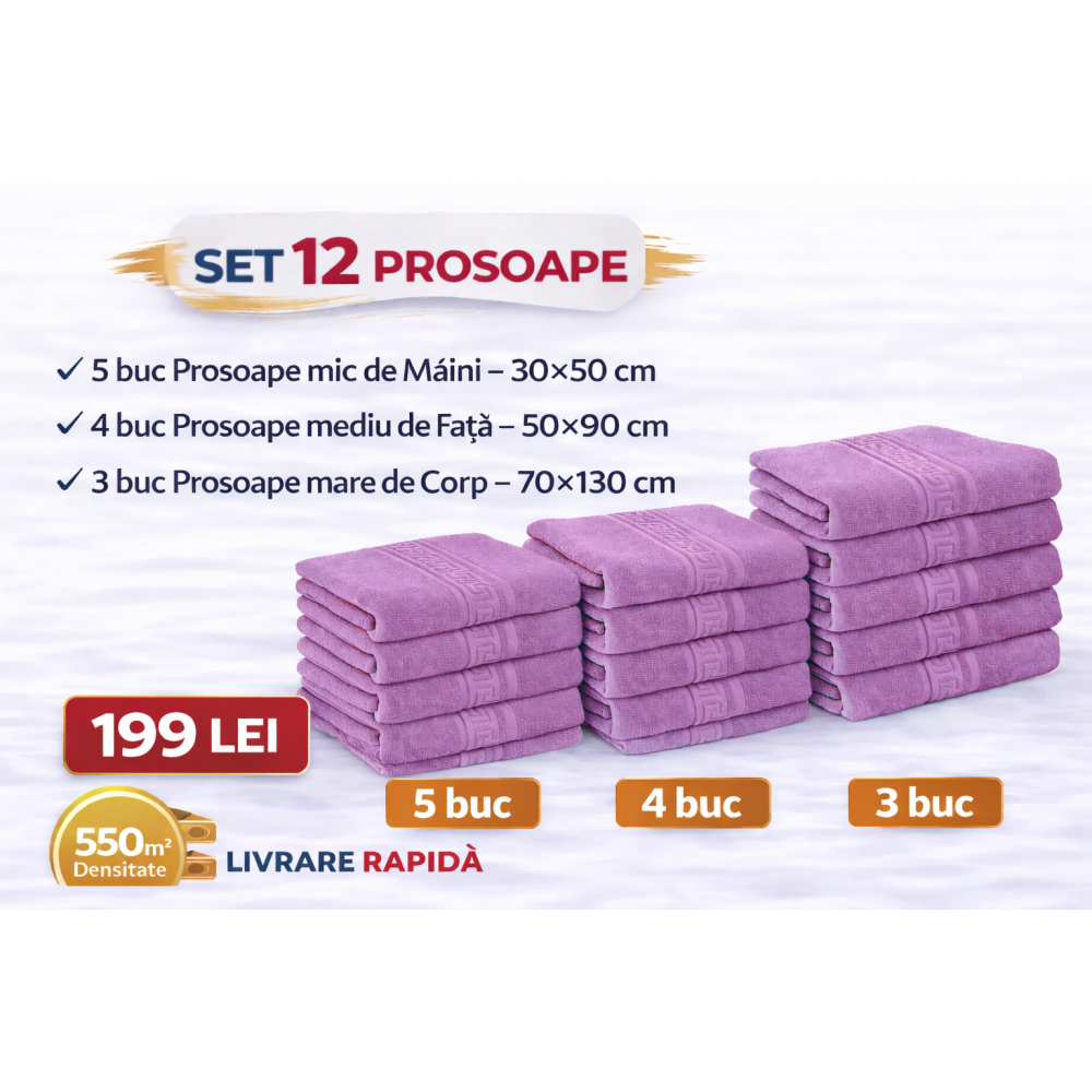 Set 12 Prosoape Maini/Fata/Corp, Bumbac 100%, 550g/m² - LILA PRS7 PROSOAPE