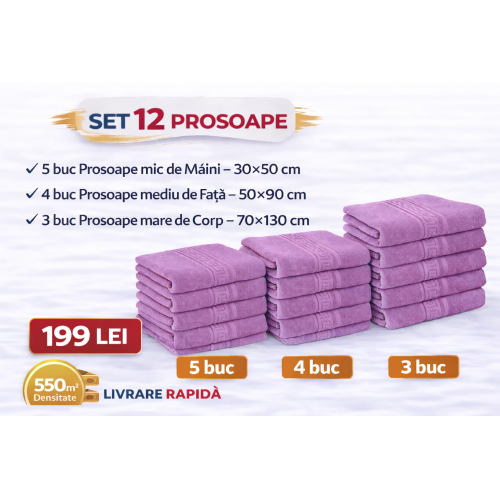 Set 12 Prosoape Maini/Fata/Corp, Bumbac 100%, 550g/m² - LILA PRS7