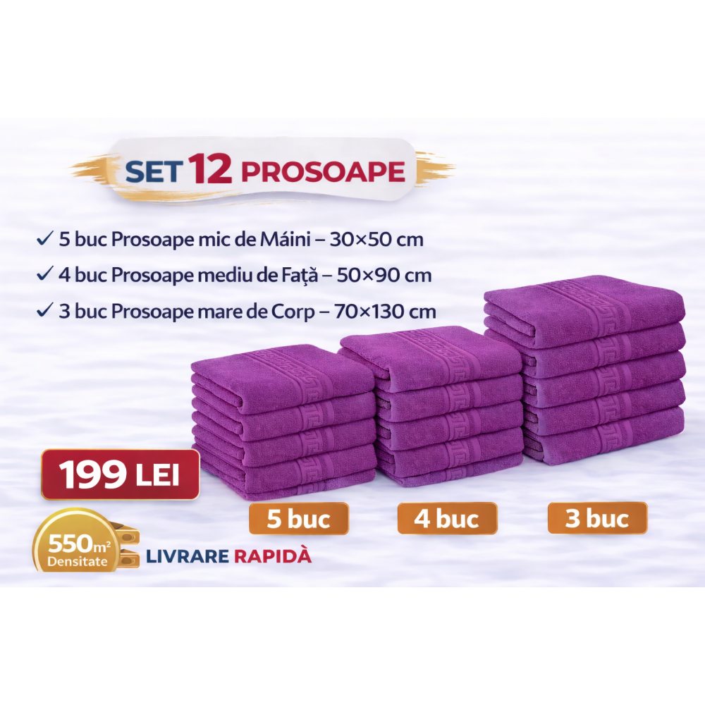 Set 12 Prosoape Maini/Fata/Corp, Bumbac 100%, 550g/m² - MOV PRS8 PROSOAPE