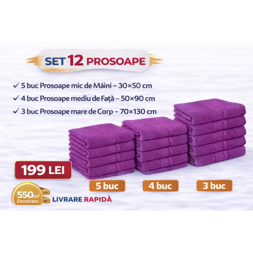 Set 12 Prosoape Maini/Fata/Corp, Bumbac 100%, 550g/m² - MOV PRS8