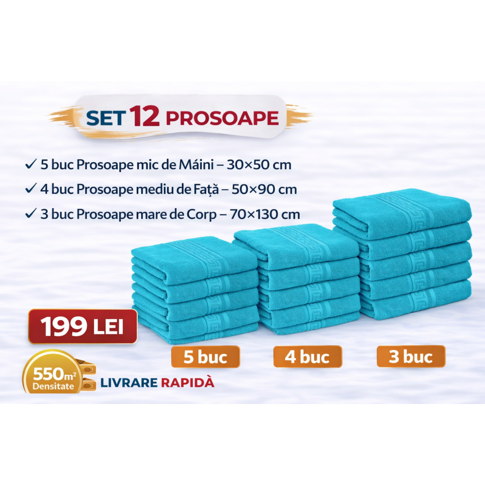 Set 12 Prosoape Maini/Fata/Corp, Bumbac 100%, 550g/m² - TURQOISE PRS9 PROSOAPE