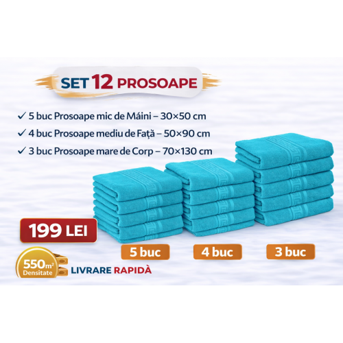 Set 12 Prosoape Maini/Fata/Corp, Bumbac 100%, 550g/m² - TURQOISE PRS9