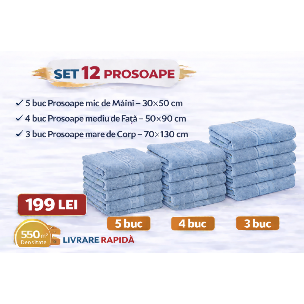 Set 12 Prosoape Maini/Fata/Corp, Bumbac 100%, 550g/m² - BLEO PRS10 PROSOAPE