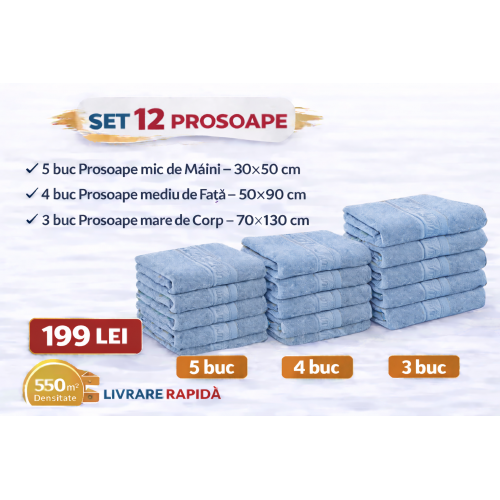 Set 12 Prosoape Maini/Fata/Corp, Bumbac 100%, 550g/m² - BLEO PRS10