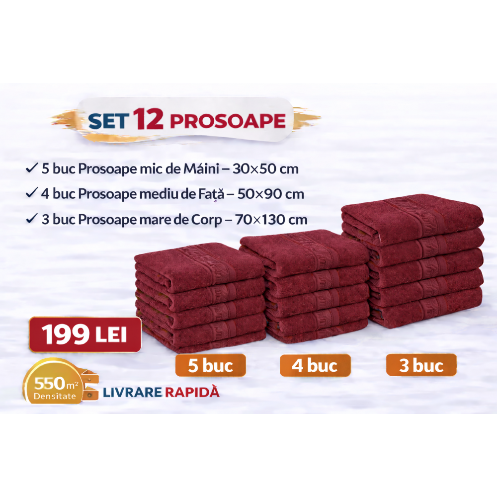 Set 12 Prosoape Maini/Fata/Corp, Bumbac 100%, 550g/m² - BORDO PRS11 PROSOAPE