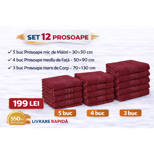 Set 12 Prosoape Maini/Fata/Corp, Bumbac 100%, 550g/m² - BORDO PRS11
