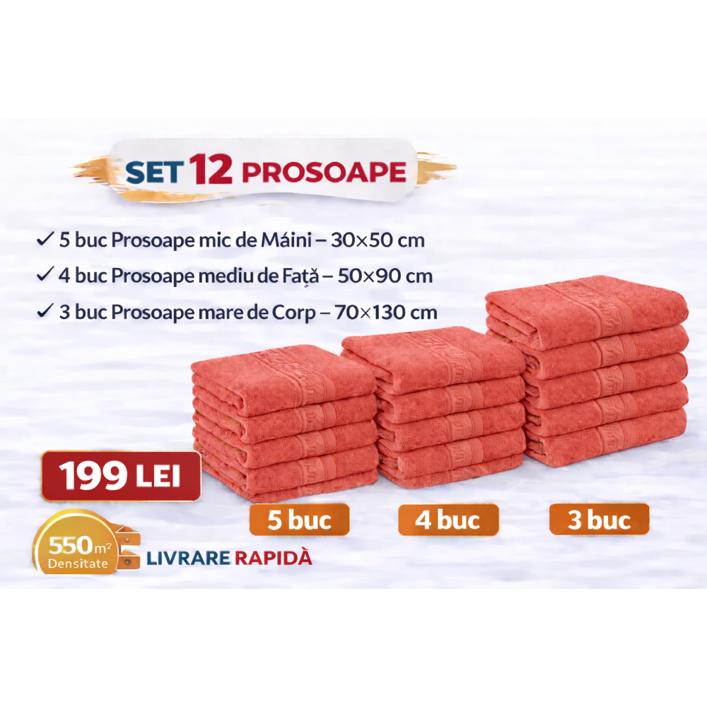 Set 12 Prosoape Maini/Fata/Corp, Bumbac 100%, 550g/m² - CORAI PRS12 PROSOAPE
