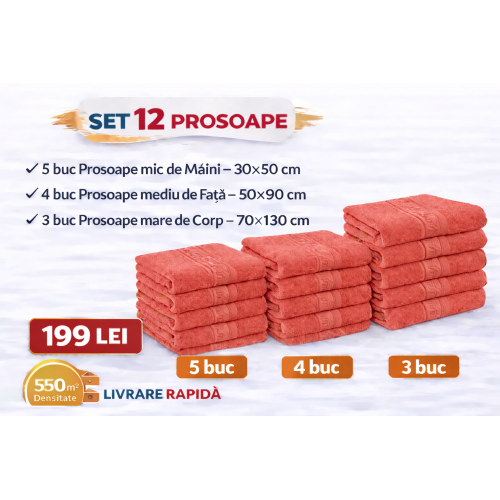 Set 12 Prosoape Maini/Fata/Corp, Bumbac 100%, 550g/m² - CORAI PRS12