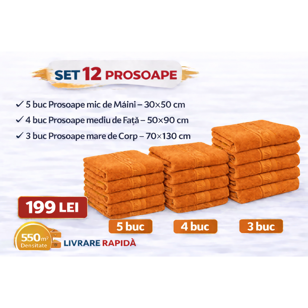 Set 12 Prosoape Maini/Fata/Corp, Bumbac 100%, 550g/m² - PORTOCALIU PRS13 PROSOAPE