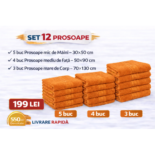 Set 12 Prosoape Maini/Fata/Corp, Bumbac 100%, 550g/m² - PORTOCALIU PRS13